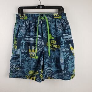 Corona Men's L Surf Summer Beer Print Swim Trunks Blue Pool Party Vacation Lined